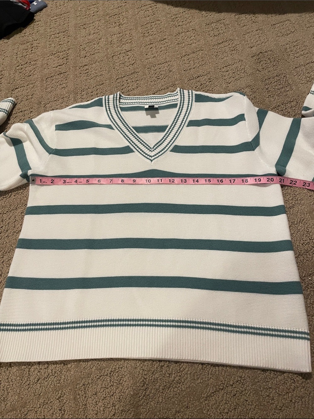 CAbi White and Teal Striped V-Neck Sweater - Picture 4 of 4